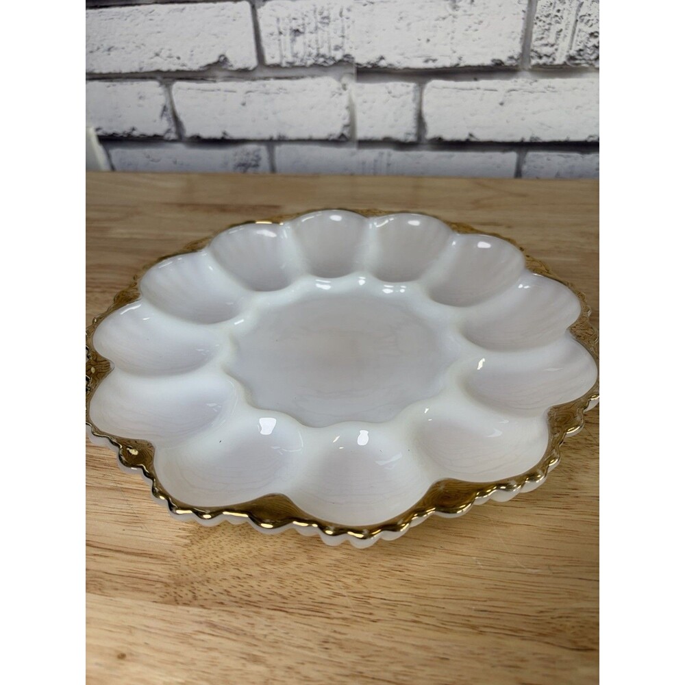 Anchor Hocking Milk Glass Deviled Egg Plate with Gold Trim 10” 12 Eggs Vintage